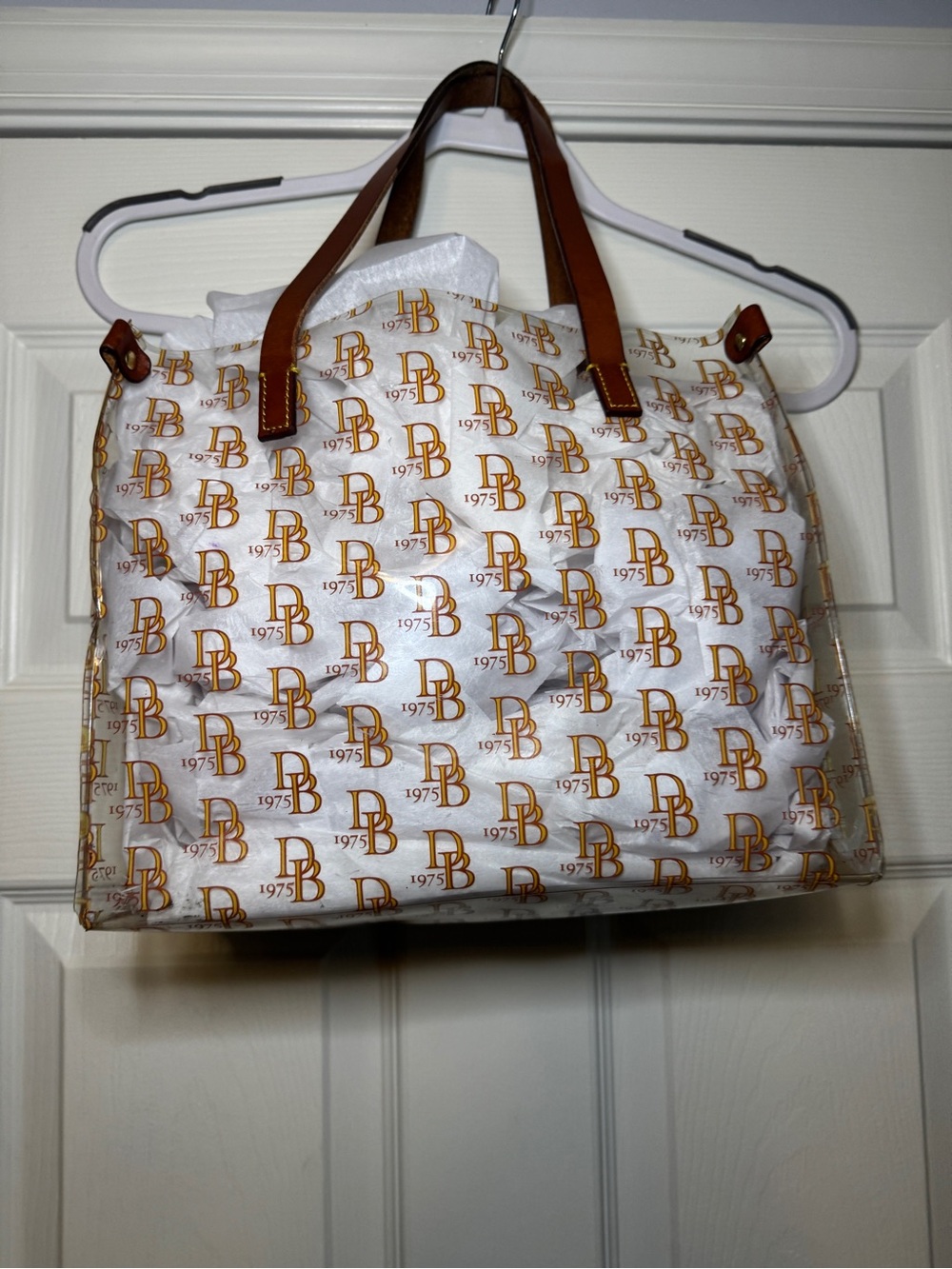 Dooney & Bourke White Tote with Brown Leather Handles and Gold Logo Print - Picture 3 of 5